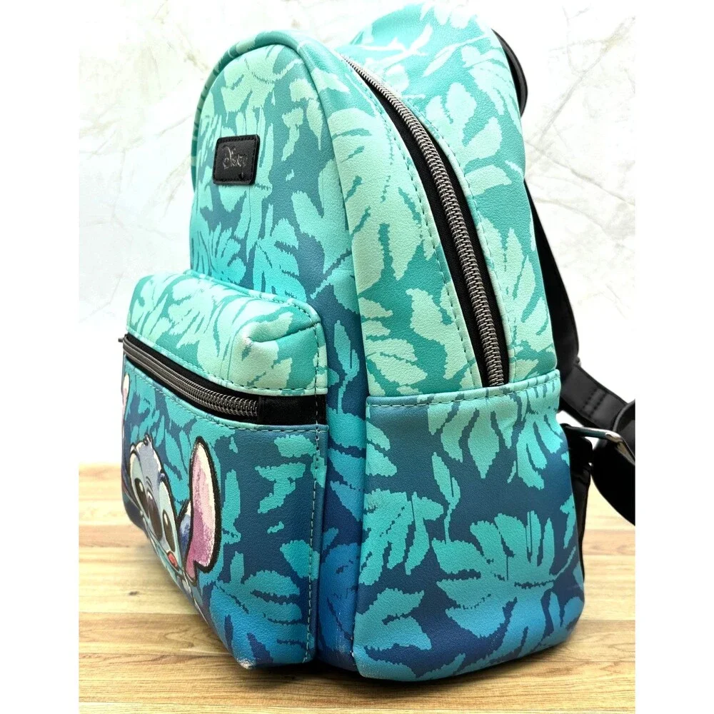Disney Lilo & Stitch Loungefly Blue Tropical‎ Leaves Mini Backpack Zippered EUC